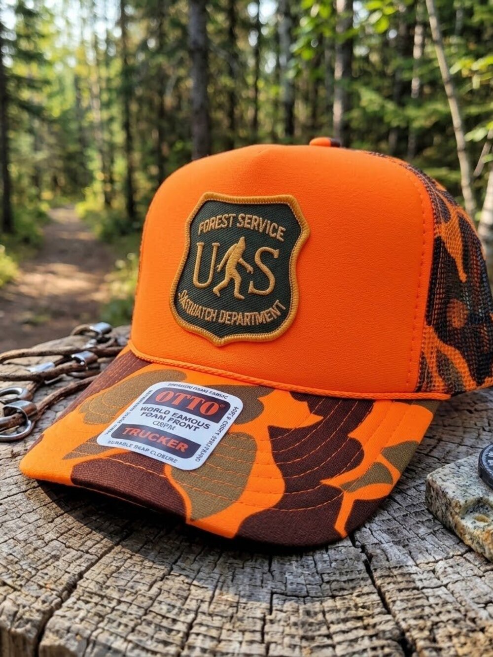 Retro Bigfoot Forest Service Hat Sasquatch Patch Orange Camo OTTO Foam Rope Cap